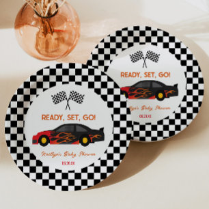 Red Flame Race Car Ready Set Go Baby Shower Paper Plate