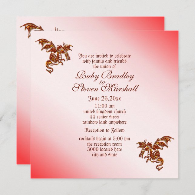 Red Flaming Dragon Fantasy Wedding  Invitation (Front/Back)