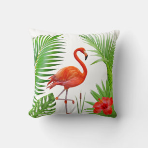Red Flamingo, Hibiscus & Tropical Palm Leaves Cushion