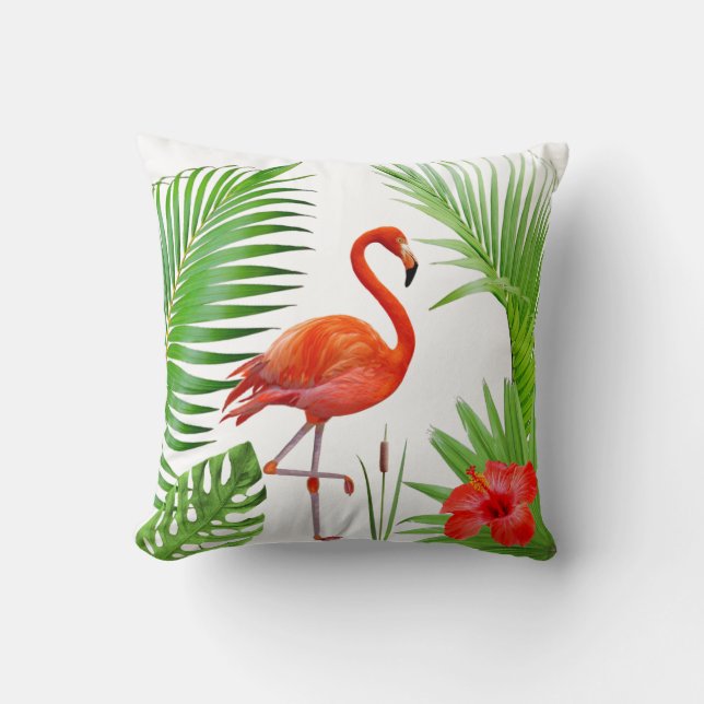 Red Flamingo, Hibiscus & Tropical Palm Leaves Cushion (Front)