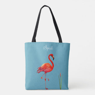 Red Flamingo on Light Blue Tote Bag