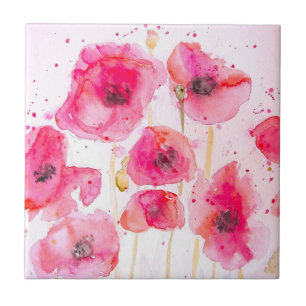 Red Flanders Poppy Watercolour Flower Pattern Ceramic Tile