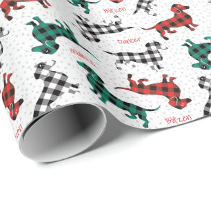 Red Flannel Dachshunds with Dog Names Wrapping Paper
