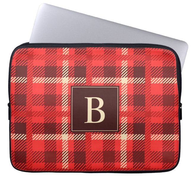 Red Flannel Look Plaid with Custom Monogram Laptop Sleeve (Front)