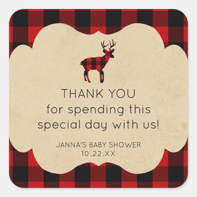Red Flannel Plaid Buck thank you favour Square Sticker (Front)