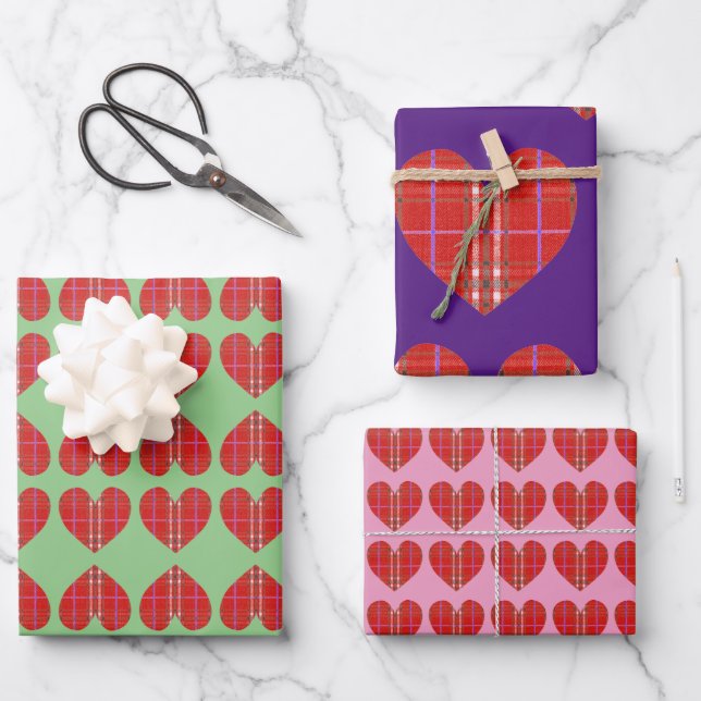 Red Flannel Plaid Heart Wrapping Paper Sheet (Front)