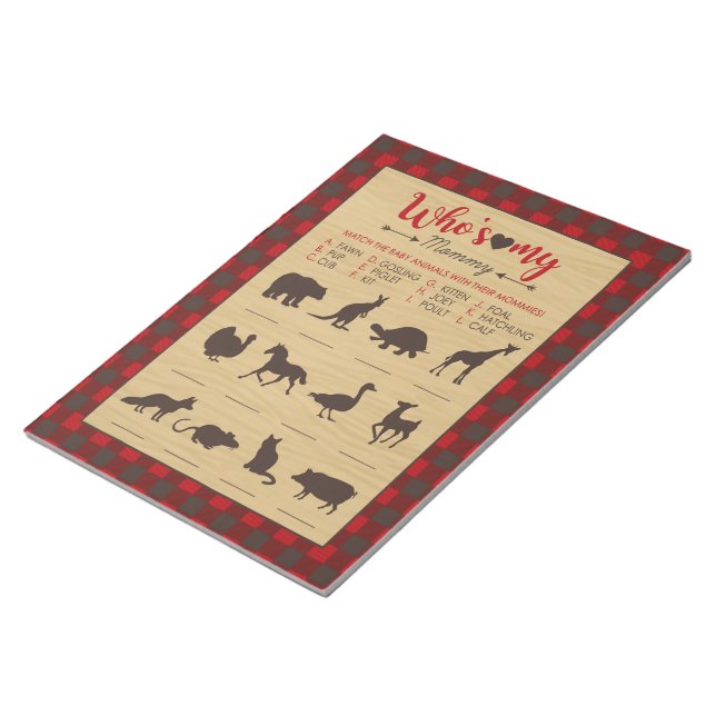 Red Flannel Who's My Mummy Baby Animal Shower Game Notepad (Angled)