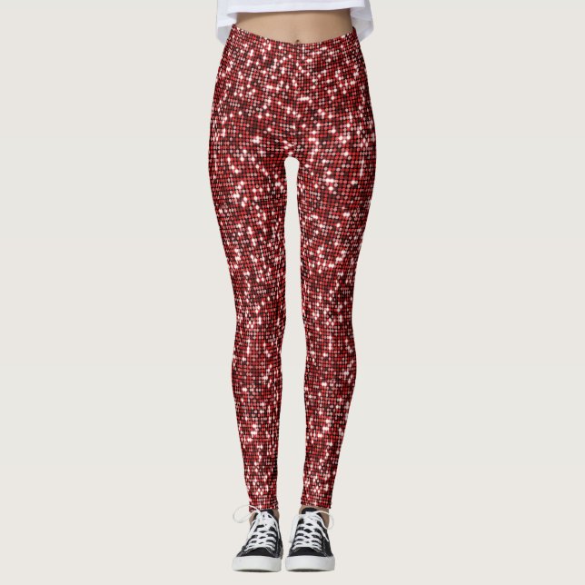 Red Flat Sequin Geometric Design Leggings (Front)