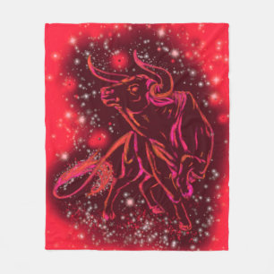 Red Fleece Blanket Bull Running At Starry Night