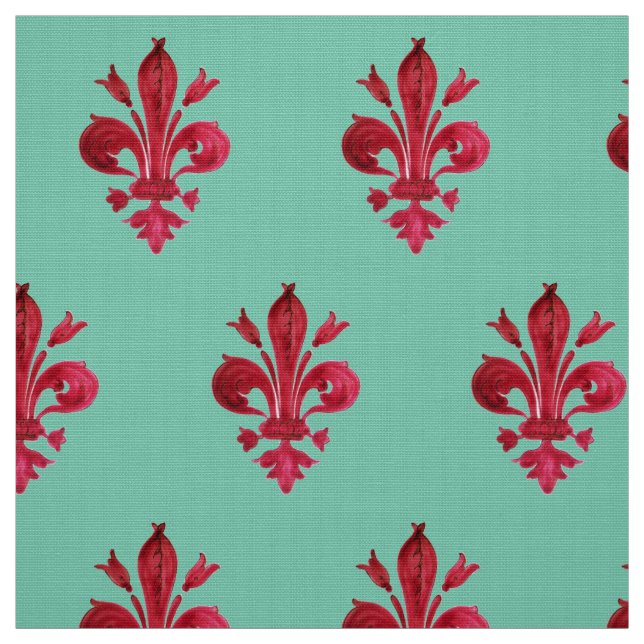 RED FLEUR DE LIS IN GREEN Floral Pattern Fabric (Swatch)