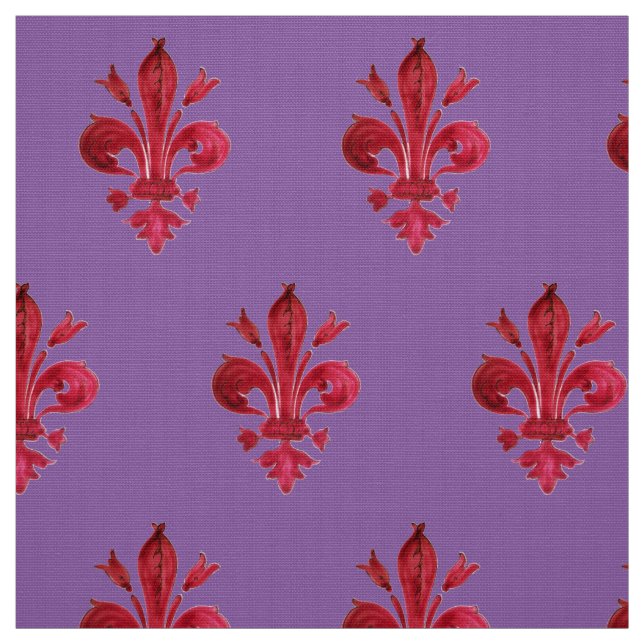 RED FLEUR DE LIS IN PURPLE Floral Pattern Fabric (Swatch)