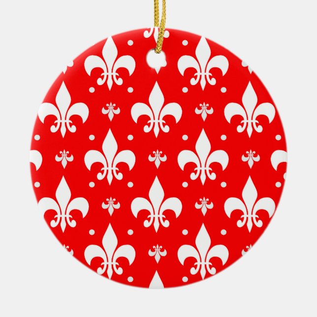 Red Fleur-de-lis Pattern Design  Ceramic Ornament (Front)