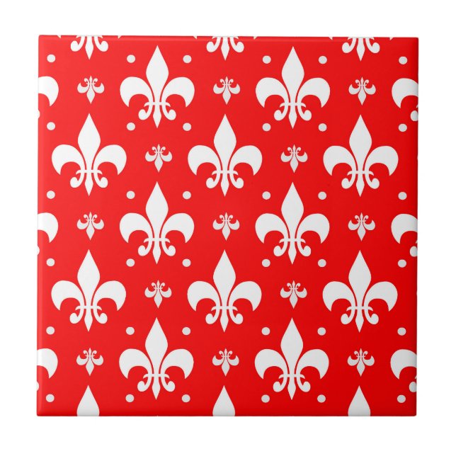 Red Fleur-de-lis Pattern Design  Ceramic Tile (Front)