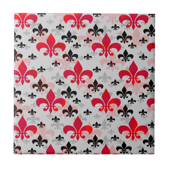 Red Fleur De Lis Surface Pattern Design Ceramic Tile (Front)