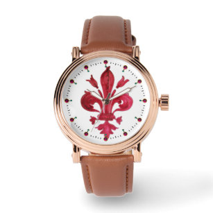 RED FLEUR DE LISE IN WHITE  Floral Heraldic Watch