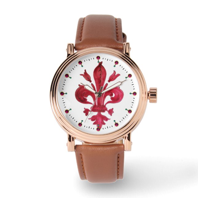 RED FLEUR DE LISE IN WHITE  Floral Heraldic Watch (Front)