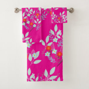 Red Flora Foliage Hot Pink Bath Towel Set