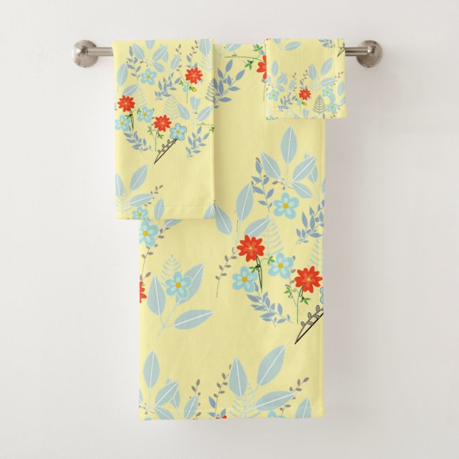 Red Flora Foliage Pastel Yellow  Bath Towel Set (Insitu)