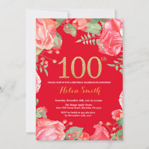 Red Floral 100th Birthday Gold Glitter and Red Invitation