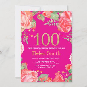 Red Floral 100th Birthday Gold Glitter Hot Pink Invitation