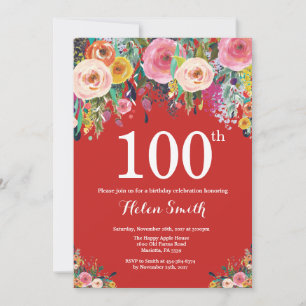 Red Floral 100th Birthday Invitation