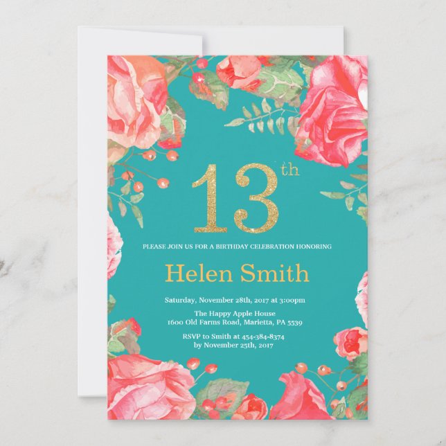 Red Floral 13th Birthday Gold Glitter and Teal Invitation (Front)