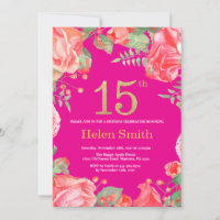 Red Floral 15th Birthday Gold Glitter and Hot Pink