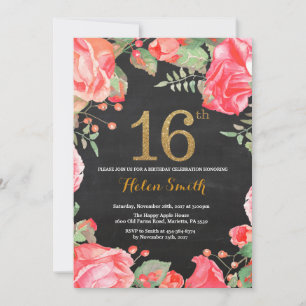 Red Floral 16th Birthday Invitation Gold Glitter