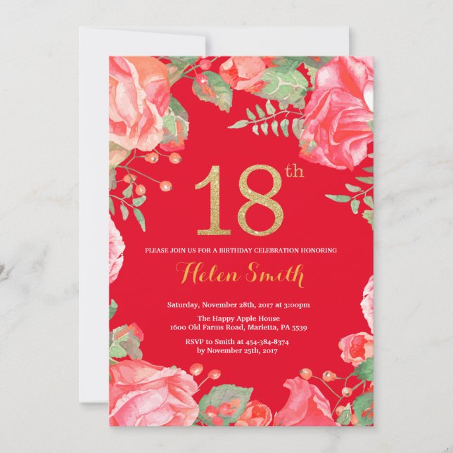 Red Floral 18th Birthday Gold Glitter and Red Invitation (Front)