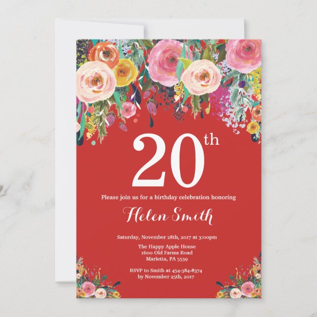 Red Floral 20th Birthday Invitation (Front)