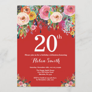 Red Floral 20th Birthday Invitation