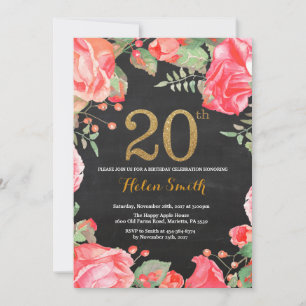 Red Floral 20th Birthday Invitation Gold Glitter