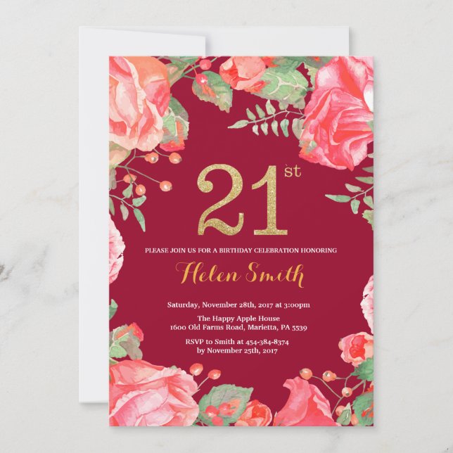 Red Floral 21st Birthday Gold Glitter Burgundy Red Invitation (Front)