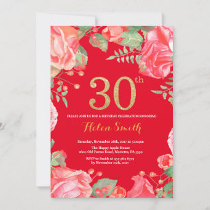 Red Floral 30th Birthday Gold Glitter and Red Invitation