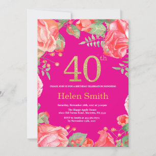 Red Floral 40th Birthday Gold Glitter and Hot Pink Invitation