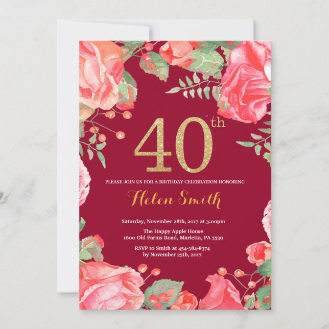 Red Floral 40th Birthday Gold Glitter Burgundy Red Invitation (Front)