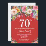Red Floral 70th Birthday Invitation<br><div class="desc">Red Floral 70th Birthday Invitation for Women. Watercolor Floral Flower. Red Background. Pink, Yellow, Orange, Purple Flower. Adult Birthday. 13th 15th 16th 18th 20th 21st 30th 40th 50th 60th 70th 80th 90th 100th, Any Ages. For further customisation, please click the "Customise it" button and use our design tool to modify...</div>