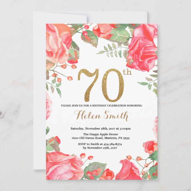 Red Floral 70th Birthday Invitation Gold Glitter (Front)