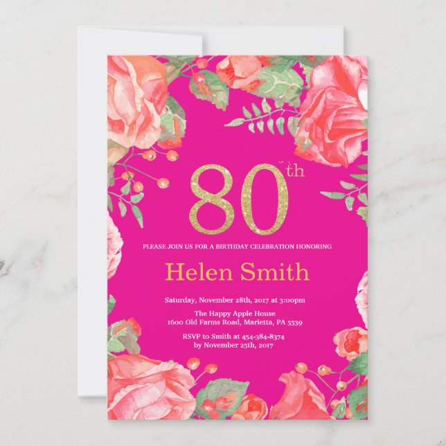 Red Floral 80th Birthday Gold Glitter and Hot Pink Invitation (Front)
