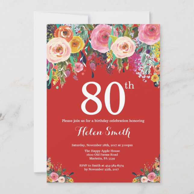 Red Floral 80th Birthday Invitation (Front)