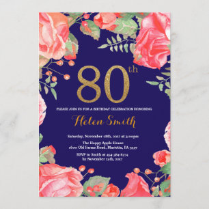 Red Floral 80th Birthday Invitation Gold Glitter