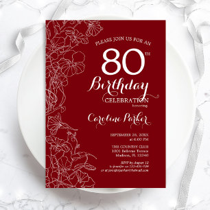 Red Floral 80th Birthday Party Invitation