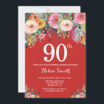 Red Floral 90th Birthday Invitation<br><div class="desc">Red Floral 90th Birthday Invitation for Women. Watercolor Floral Flower. Red Background. Pink, Yellow, Orange, Purple Flower. Adult Birthday. 13th 15th 16th 18th 20th 21st 30th 40th 50th 60th 70th 80th 90th 100th, Any Ages. For further customisation, please click the "Customise it" button and use our design tool to modify...</div>