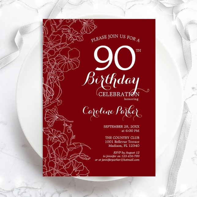 Red Floral 90th Birthday Party Invitation (Creator Uploaded)