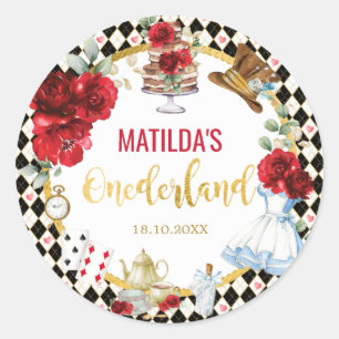 Red Floral Alice in Wonderland Birthday Onederland Classic Round Sticker