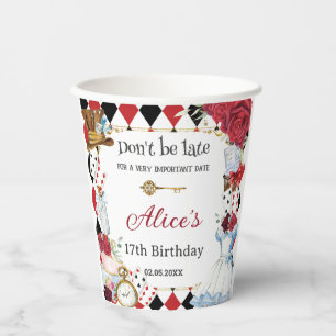 Red Floral Alice in Wonderland Birthday Tea Party Paper Cups