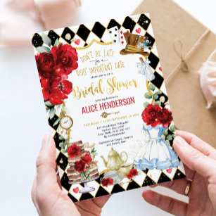 Red Floral Alice in Wonderland Bridal Shower Tea Invitation