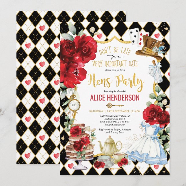 Red Floral Alice in Wonderland Hens Tea Party Invitation (Front/Back)