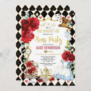 Red Floral Alice in Wonderland Hens Tea Party Invitation