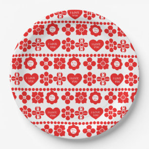 Red floral and heart pattern for Valentine's Day Paper Plate